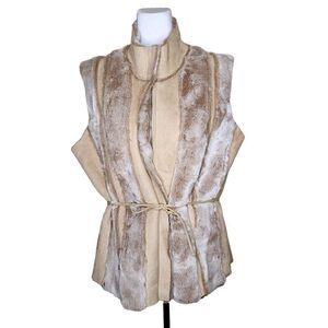 Waist Tied Faux Fur Vest Womens Size XL Camel Beige Festival Boho